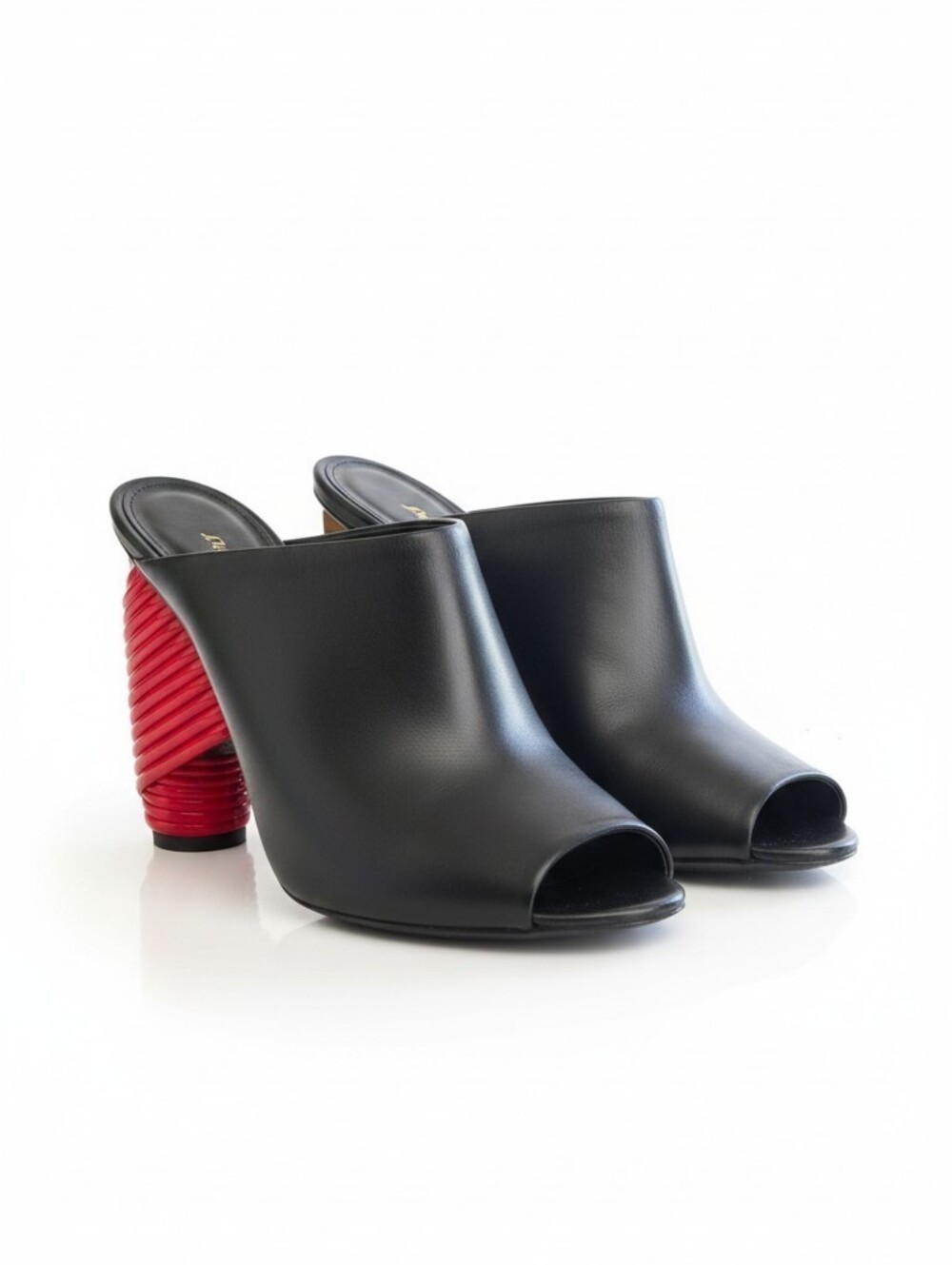 Balenciaga Black Leather Sculptural Mules Red Spiral Heel Size 37.5